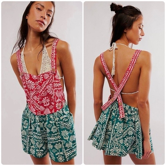 New! Free People Palm Bay Hawaiian Printed Shortalls Romper 🌊🐚 Large - Picture 1 of 6
